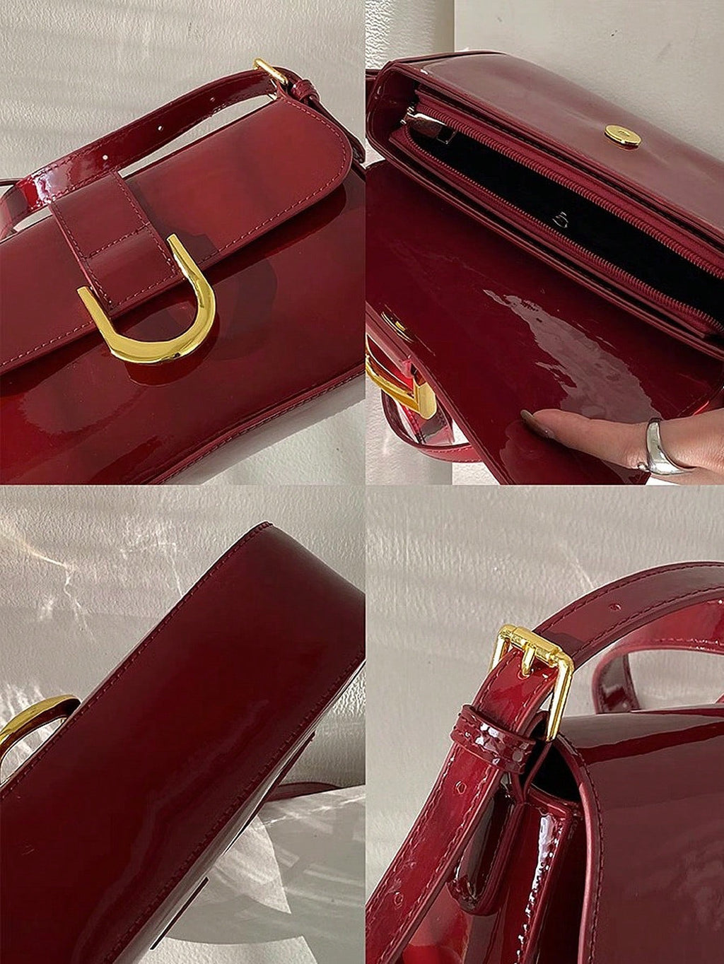 Bolsa Baguete de Ombro Retangular Envernizada com Fecho Metálico em U