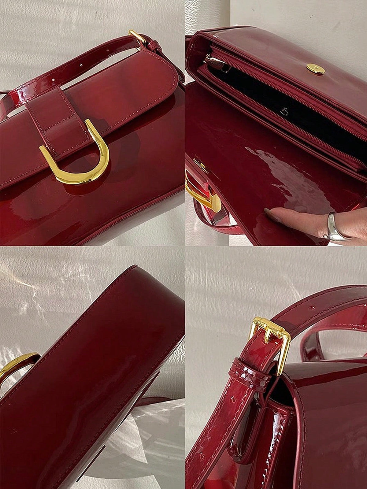 Bolsa Baguete de Ombro Retangular Envernizada com Fecho Metálico em U