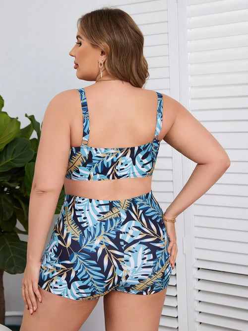 Biquíni Plus Size Alta Sustentação com Shortinho de Plantas