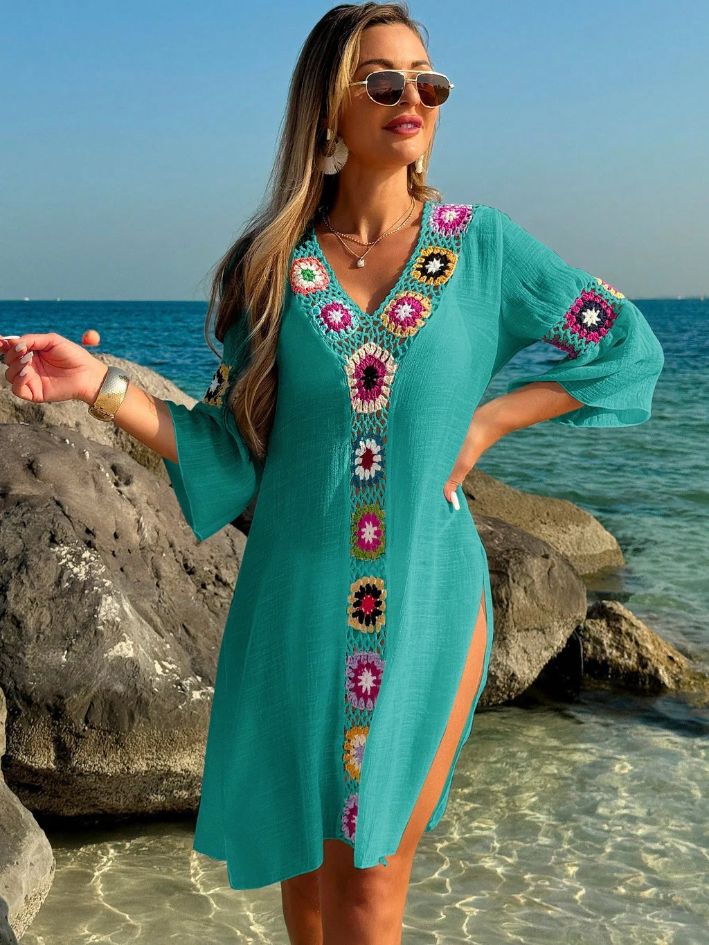Saída de Praia Vestido Meia Manga com Fenda