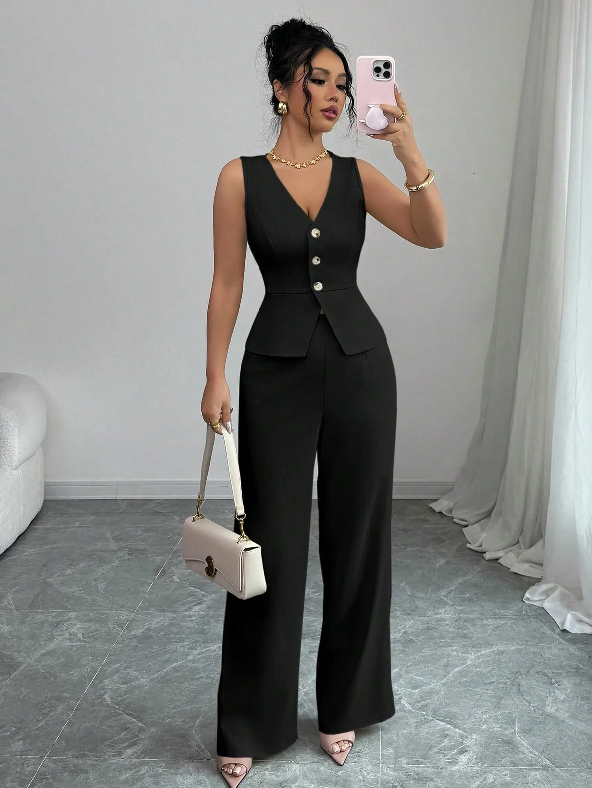 Conjunto Feminino Alfaiataria com Colete e Calça Pantalona