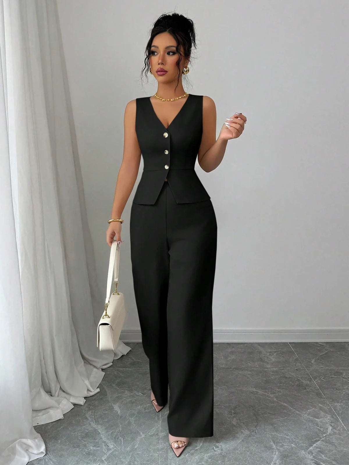 Conjunto Feminino Alfaiataria com Colete e Calça Pantalona
