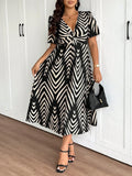 Vestido Midi Plus Size Casual Manga Curta Decote V Estampado