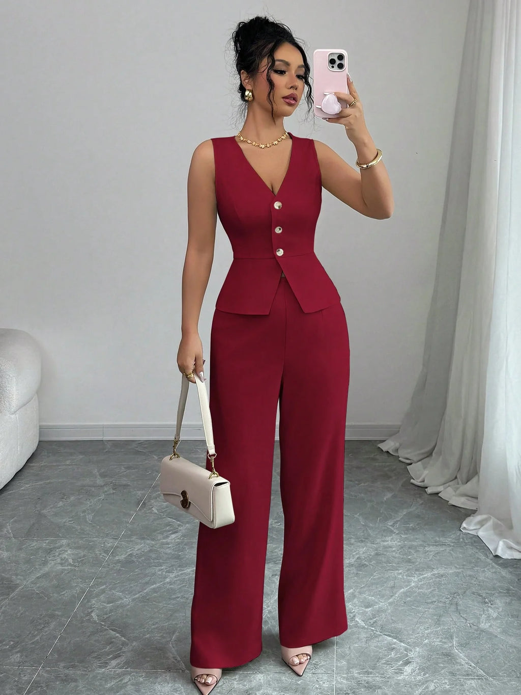 Conjunto Feminino Alfaiataria com Colete e Calça Pantalona