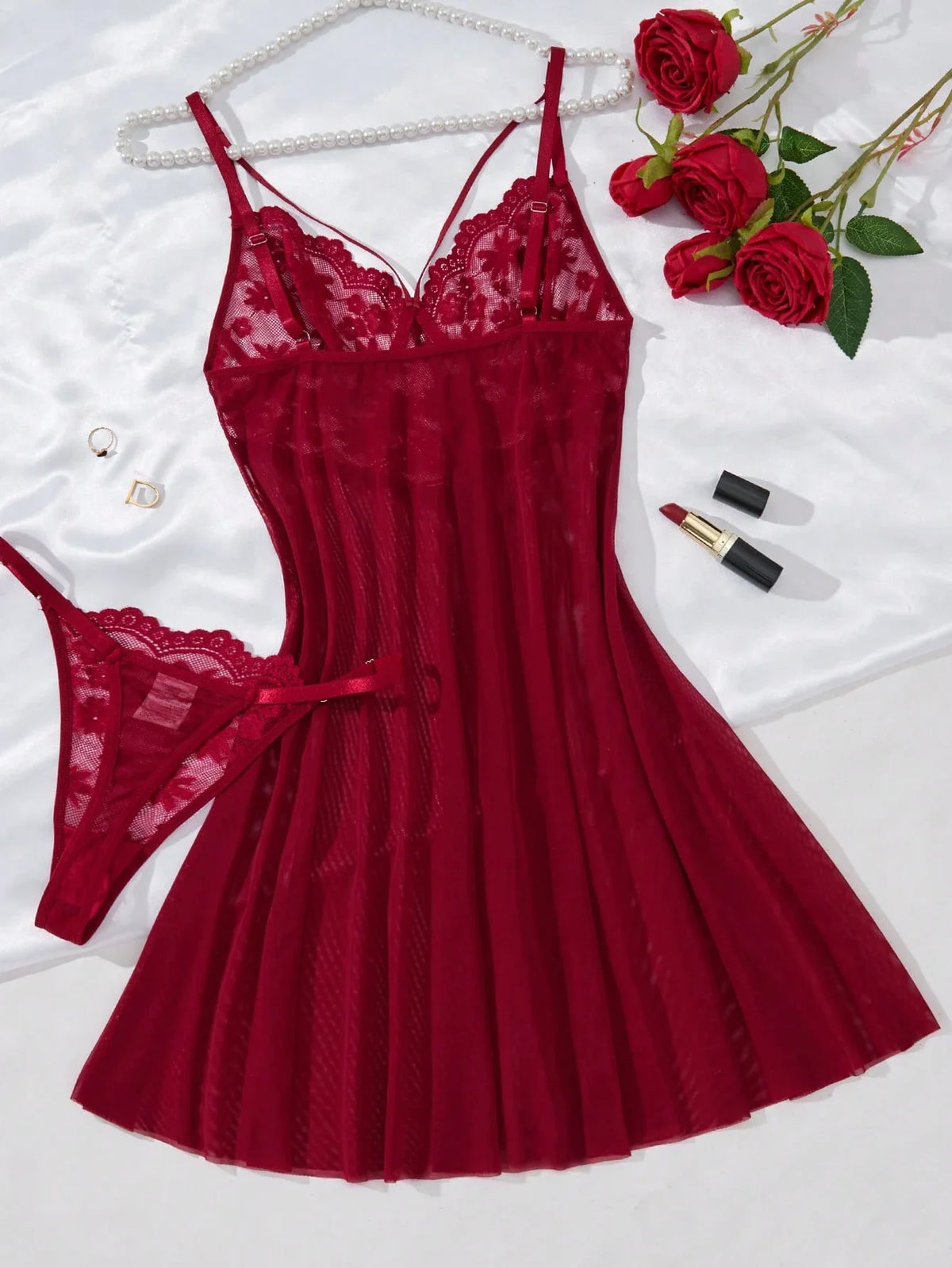Conjunto Camisola Feminina Sensual com Renda e Calcinha Fio Dental