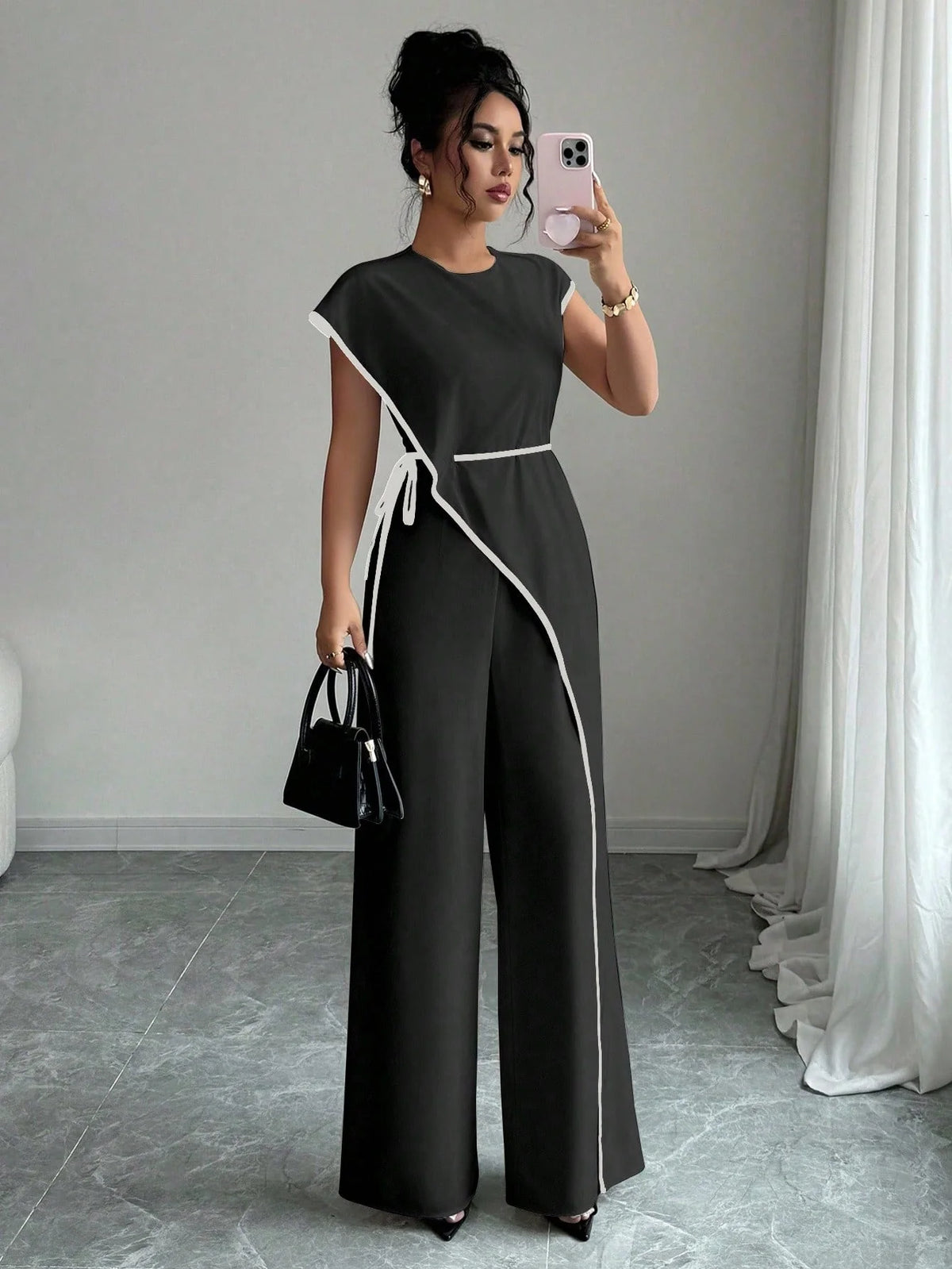 Macacão Assimétrico Elegante Feminino Manga Curta Pantalona