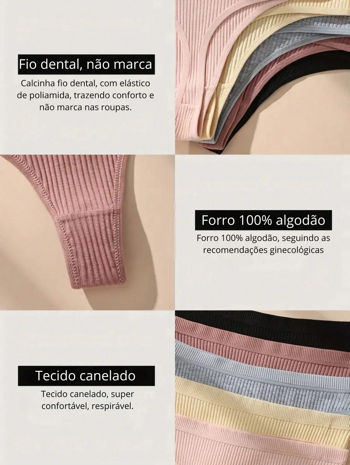 Kit 10 ou 5 Calcinhas Algodão Fio Dental Canelado