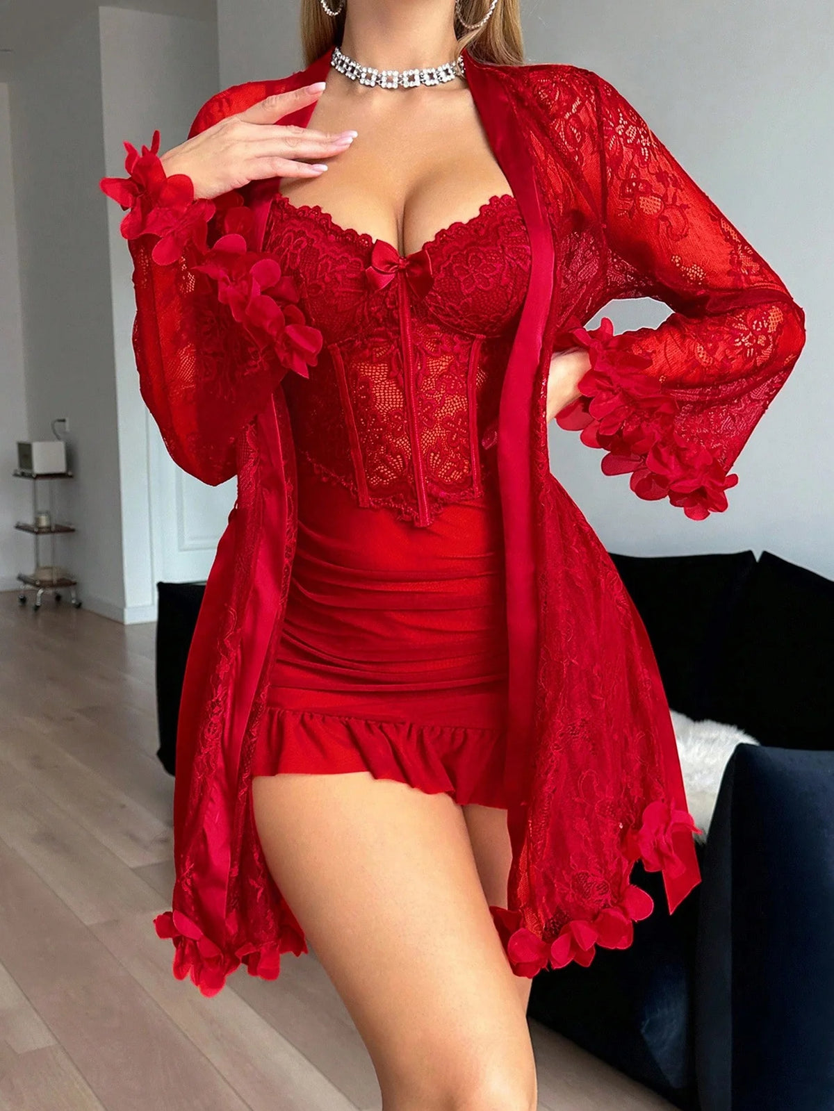 Conjunto Camisola e Robe Sensual com Renda Premium