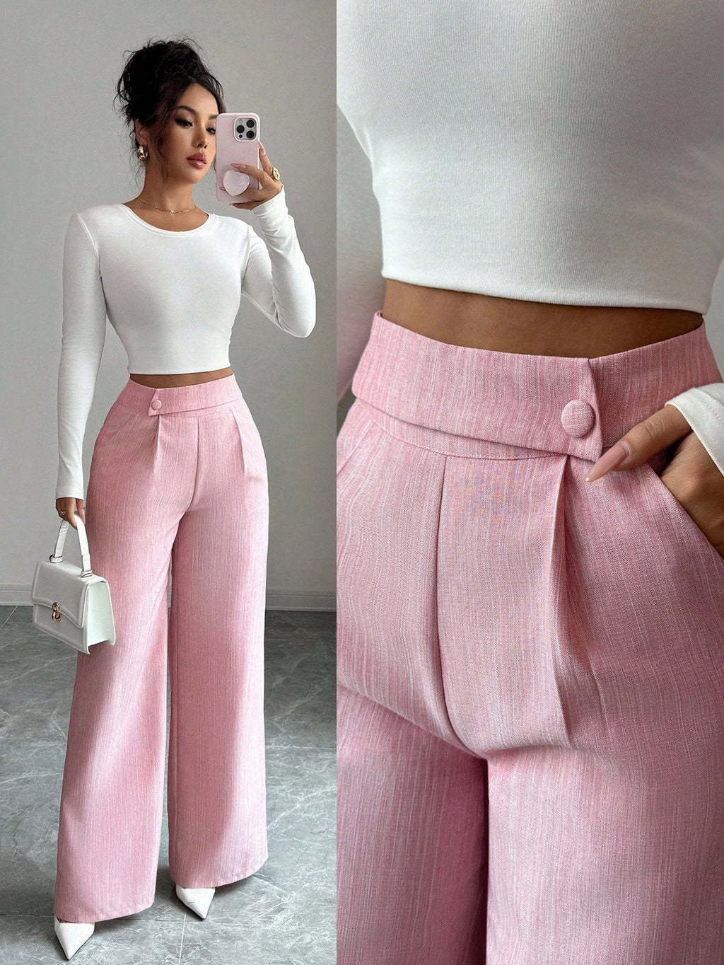 Calça Feminina Elegante Alfaiataria Wide Leg com Botão Lateral