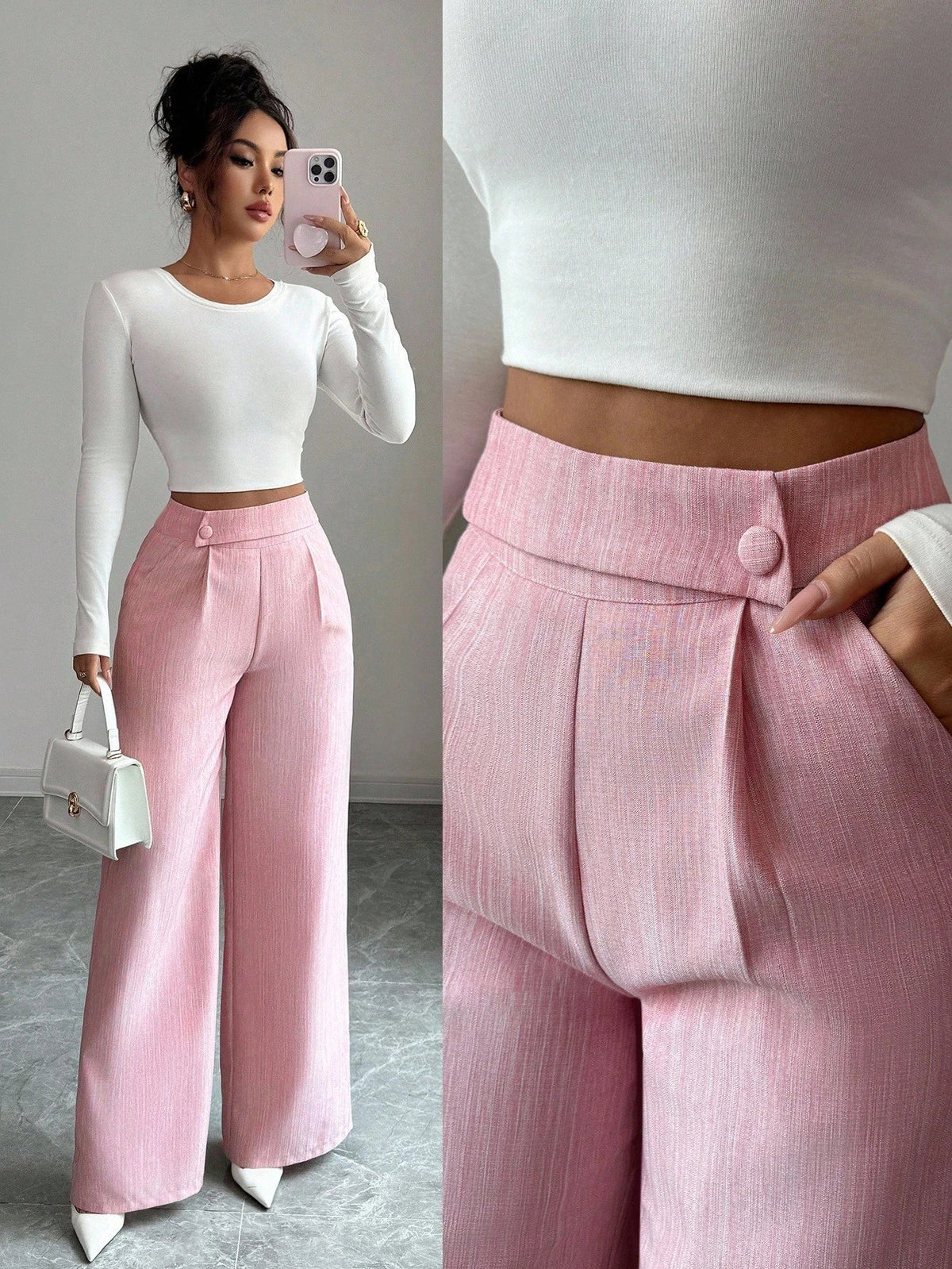 Calça Feminina Elegante Alfaiataria Wide Leg com Botão Lateral