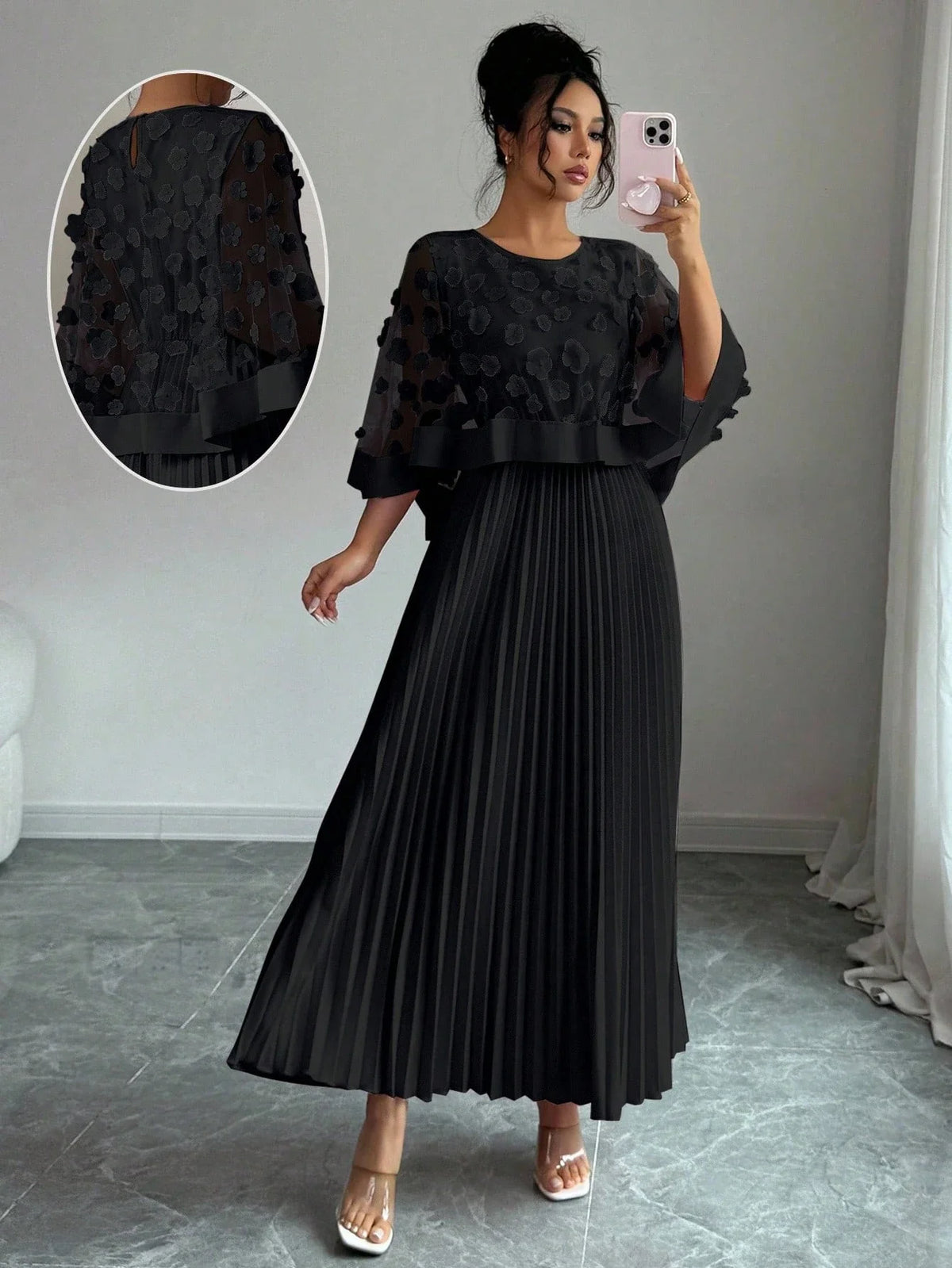 Vestido Midi para Festa com Renda Floral e Saia Plissada