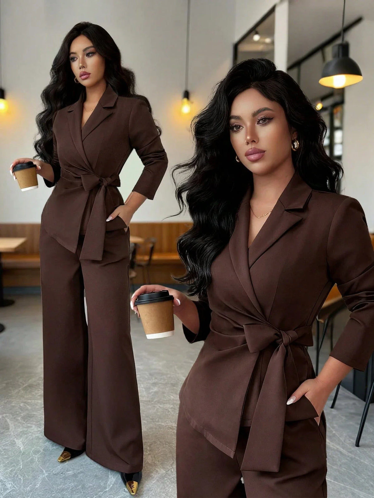 Conjunto Feminino Alfaiataria com Blazer Acinturado e Calça Pantalona