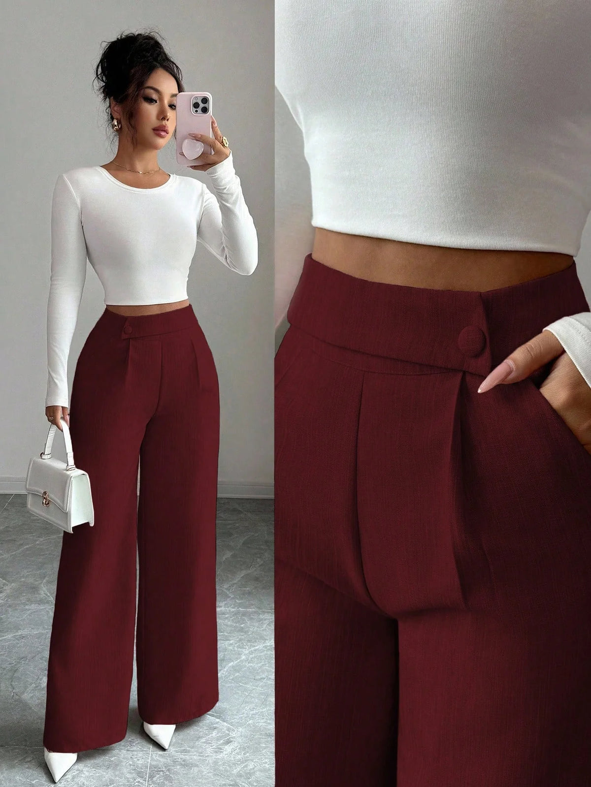 Calça Feminina Elegante Alfaiataria Wide Leg com Botão Lateral