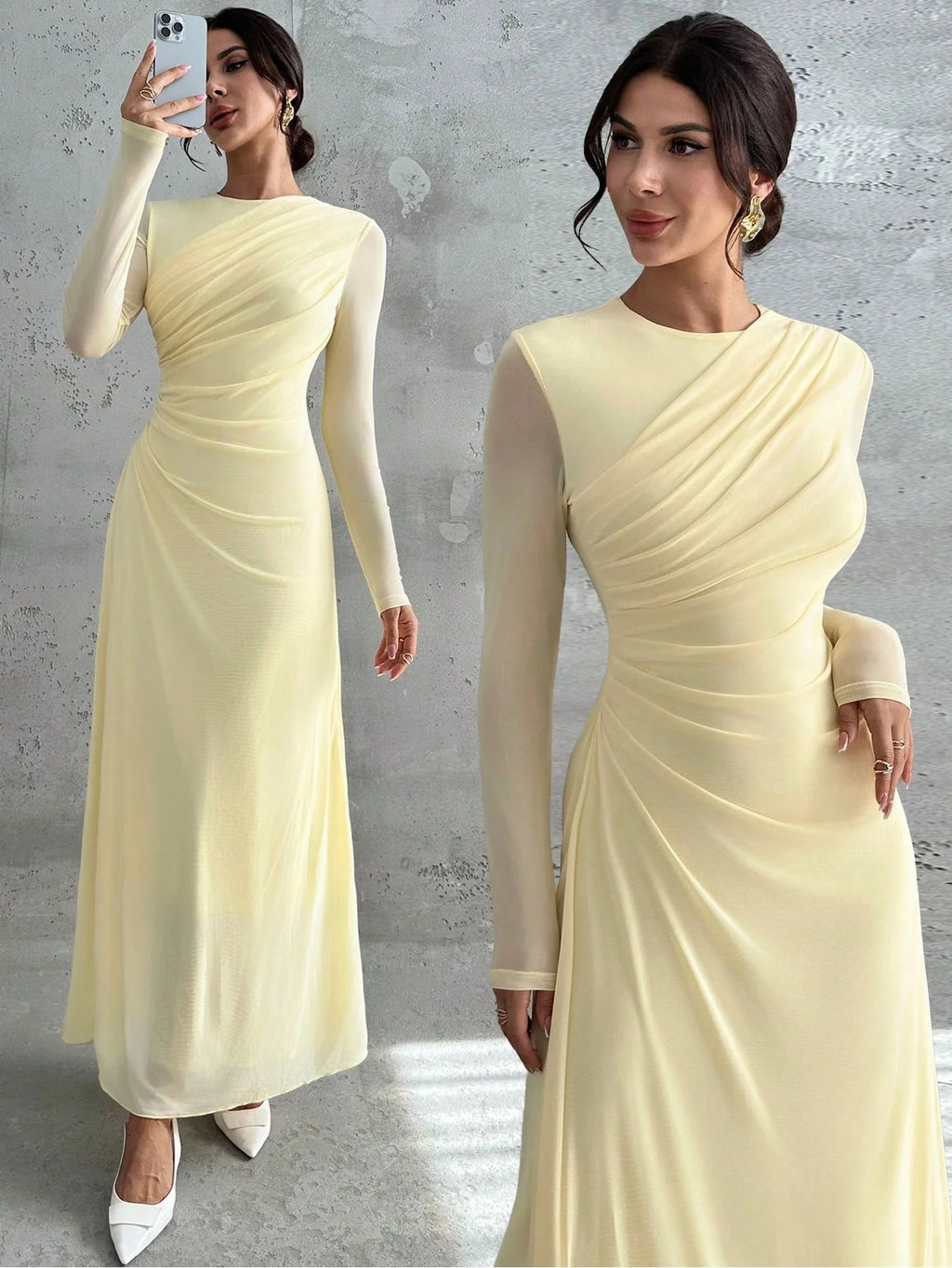 Vestido Longo Manga Comprida com Tule Cintura Plissada