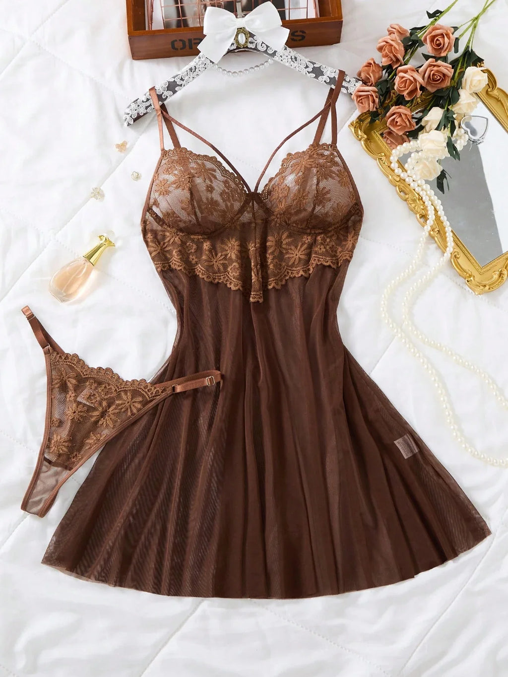 Conjunto Camisola Feminina Sensual com Renda e Calcinha Fio Dental