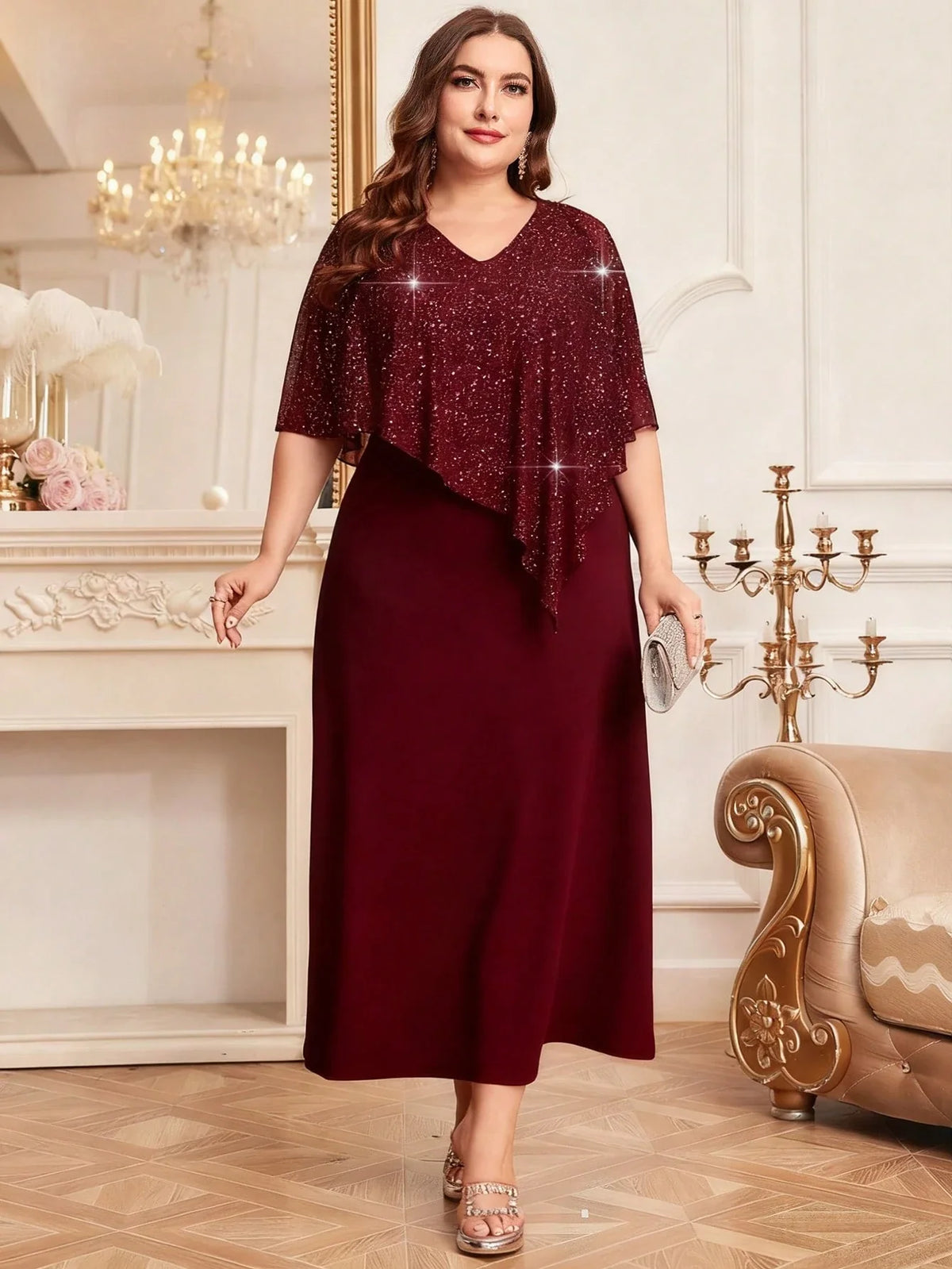 Vestido Festa Longo Plus Size Brilhoso com Capa Brilhoso