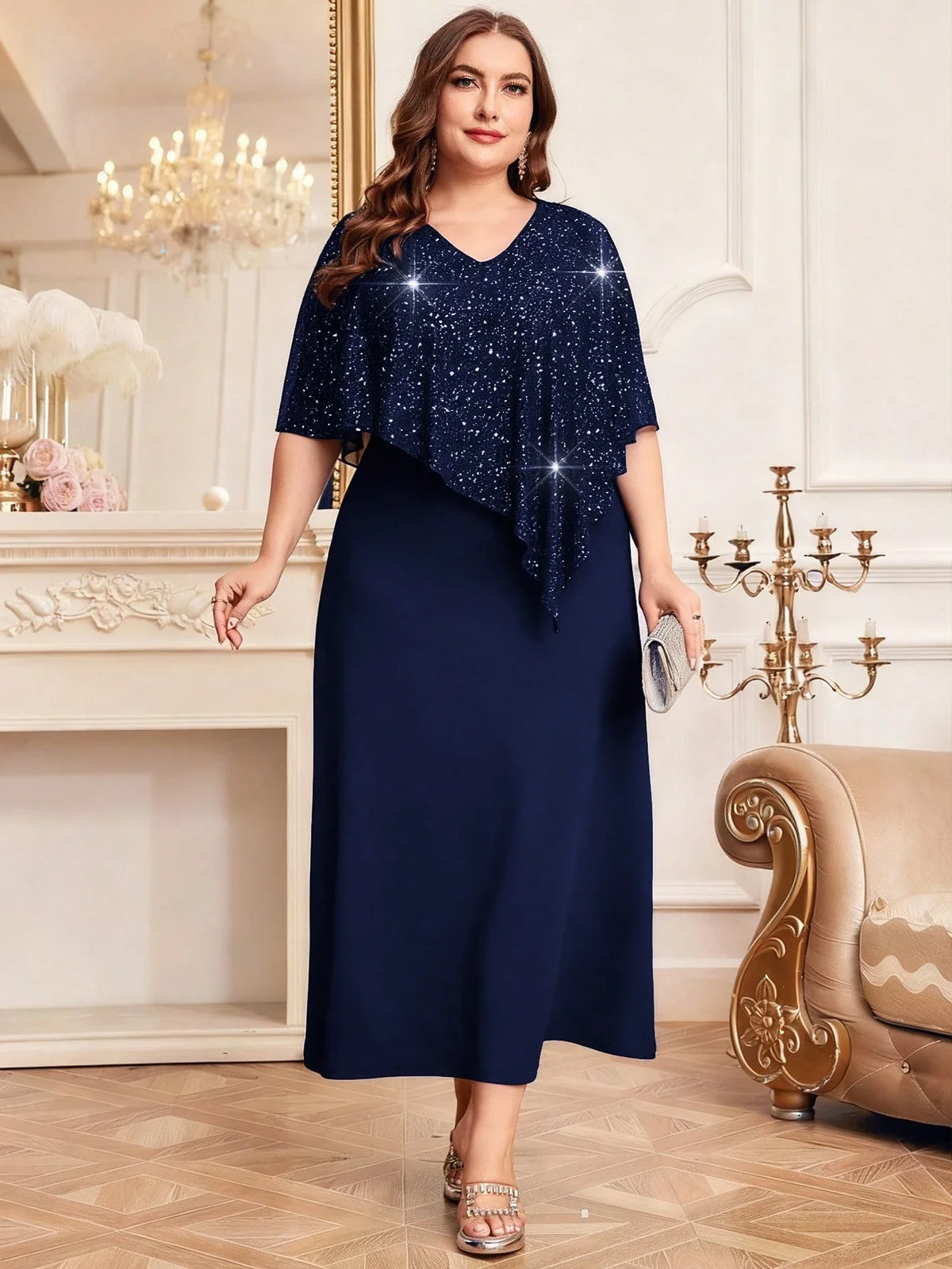 Vestido Festa Longo Plus Size Brilhoso com Capa Brilhoso