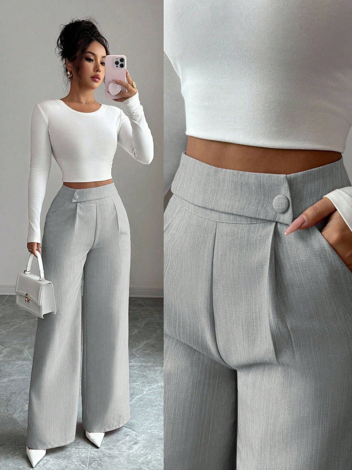 Calça Feminina Elegante Alfaiataria Wide Leg com Botão Lateral