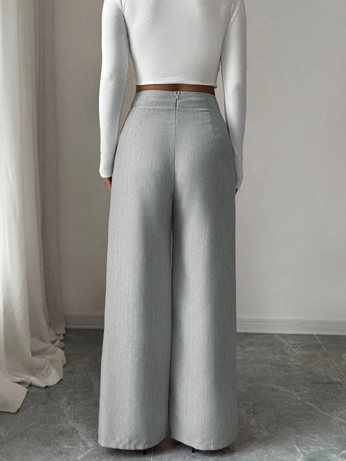 Calça Feminina Elegante Alfaiataria Wide Leg com Botão Lateral