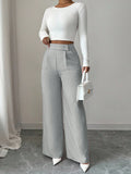 Calça Feminina Elegante Alfaiataria Wide Leg com Botão Lateral