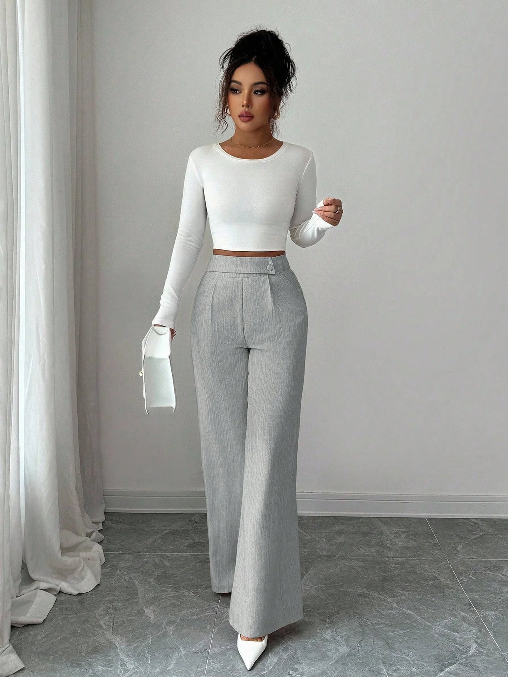 Calça Feminina Elegante Alfaiataria Wide Leg com Botão Lateral