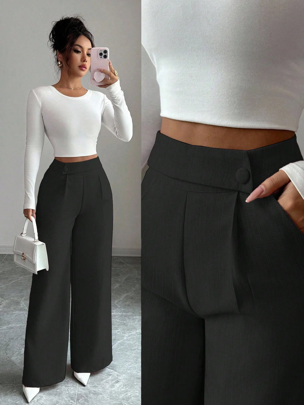 Calça Feminina Elegante Alfaiataria Wide Leg com Botão Lateral