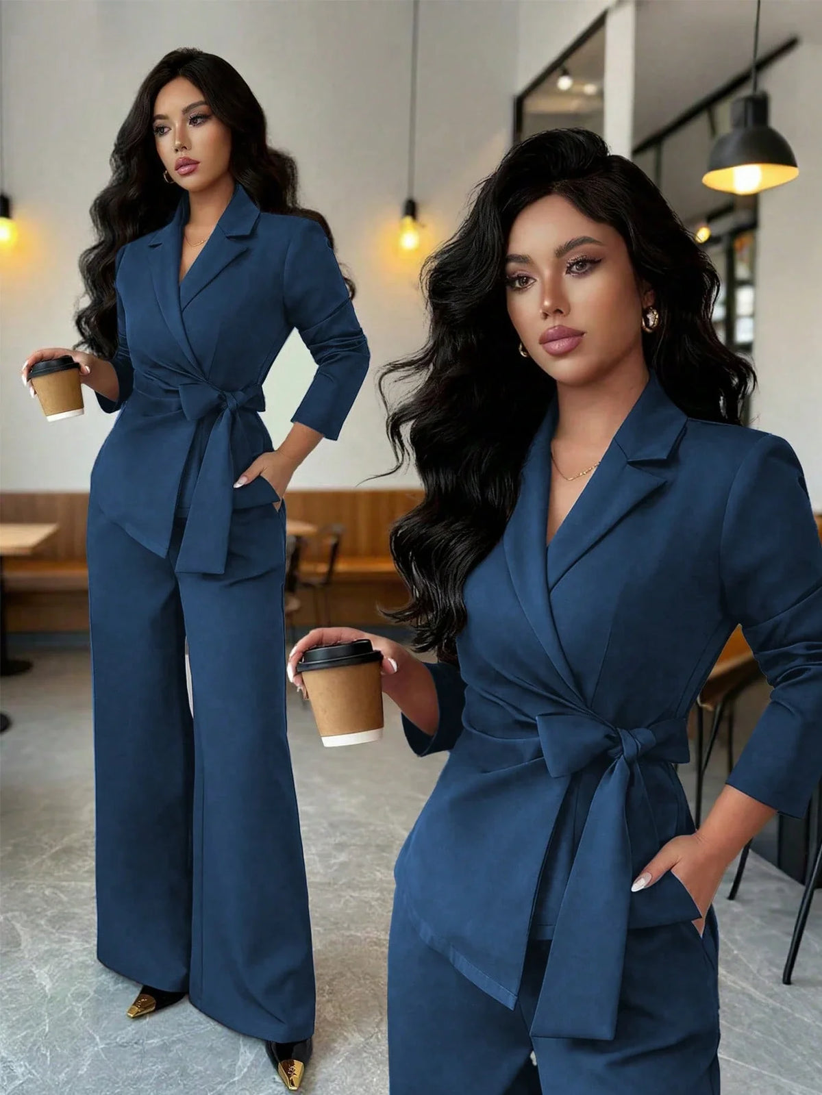 Conjunto Feminino Alfaiataria com Blazer Acinturado e Calça Pantalona