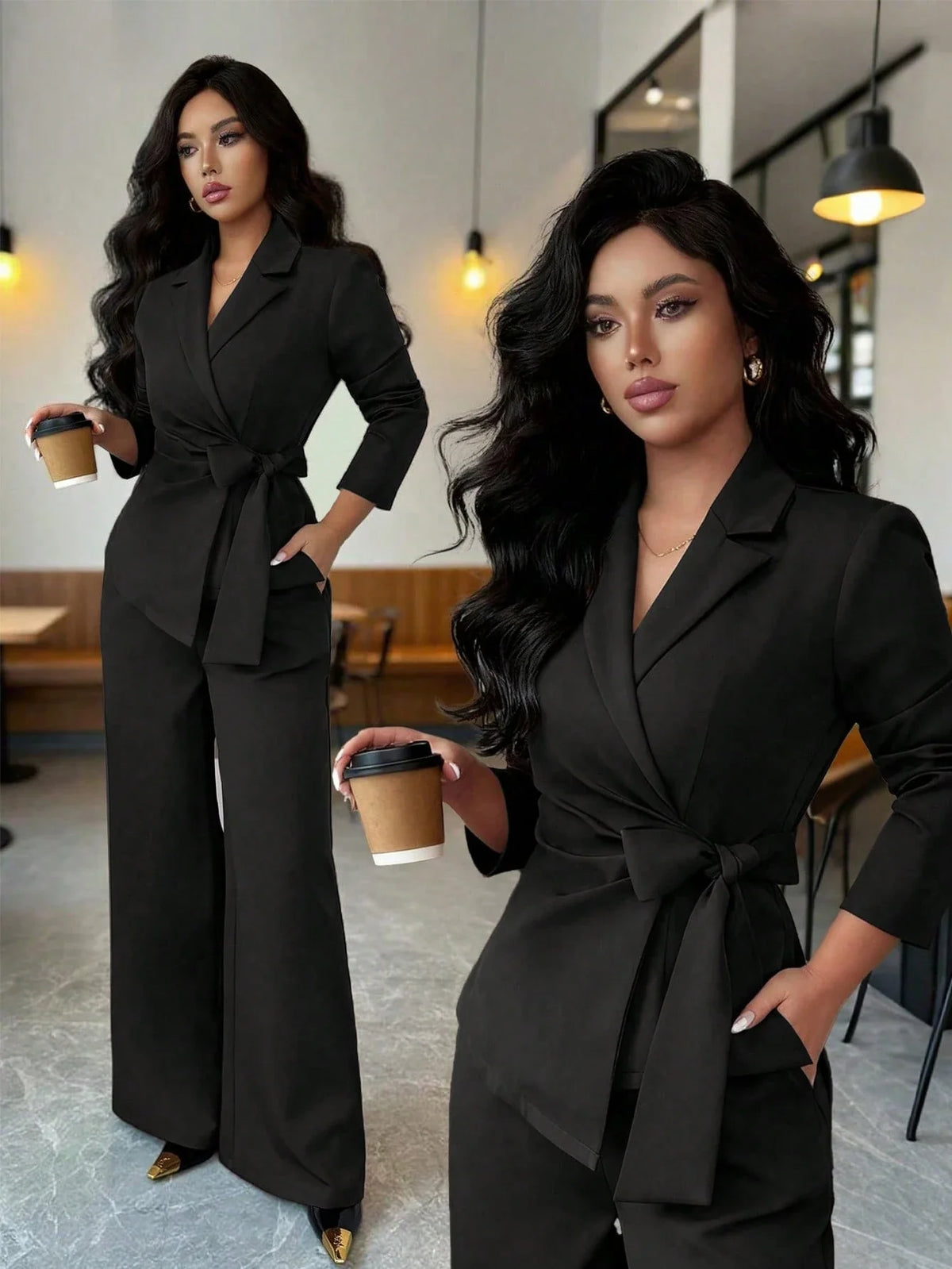 Conjunto Feminino Alfaiataria com Blazer Acinturado e Calça Pantalona