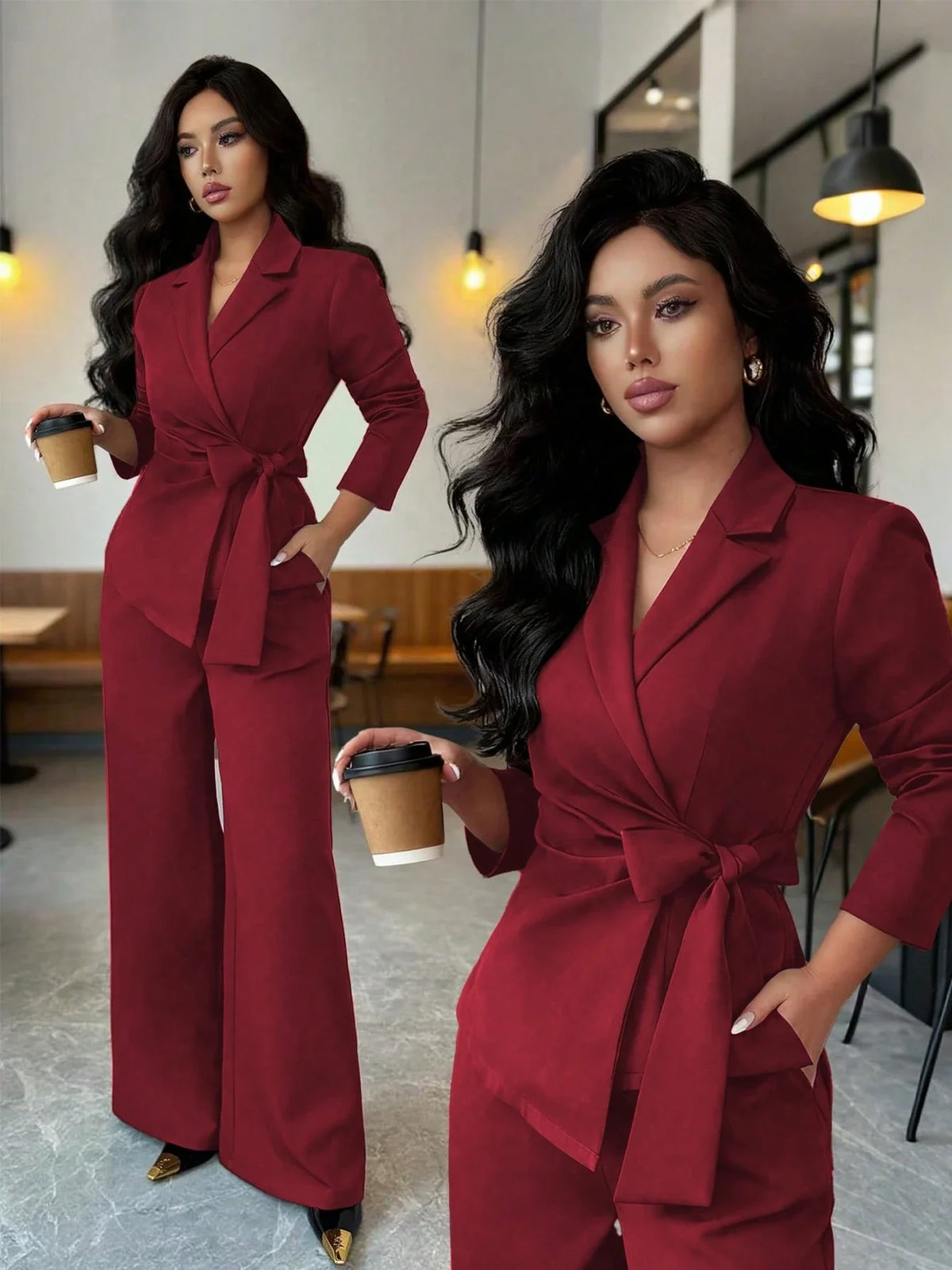 Conjunto Feminino Alfaiataria com Blazer Acinturado e Calça Pantalona