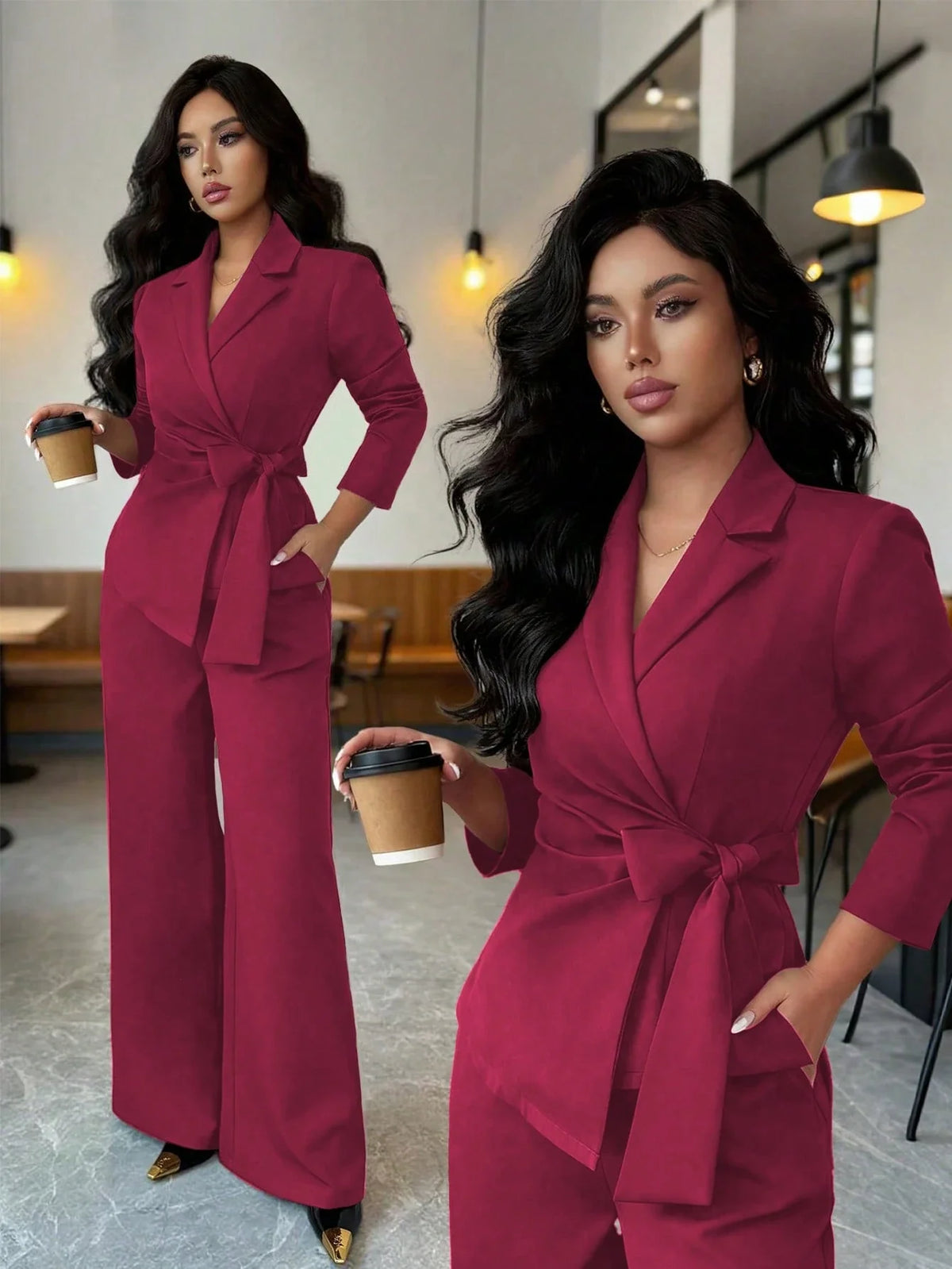 Conjunto Feminino Alfaiataria com Blazer Acinturado e Calça Pantalona