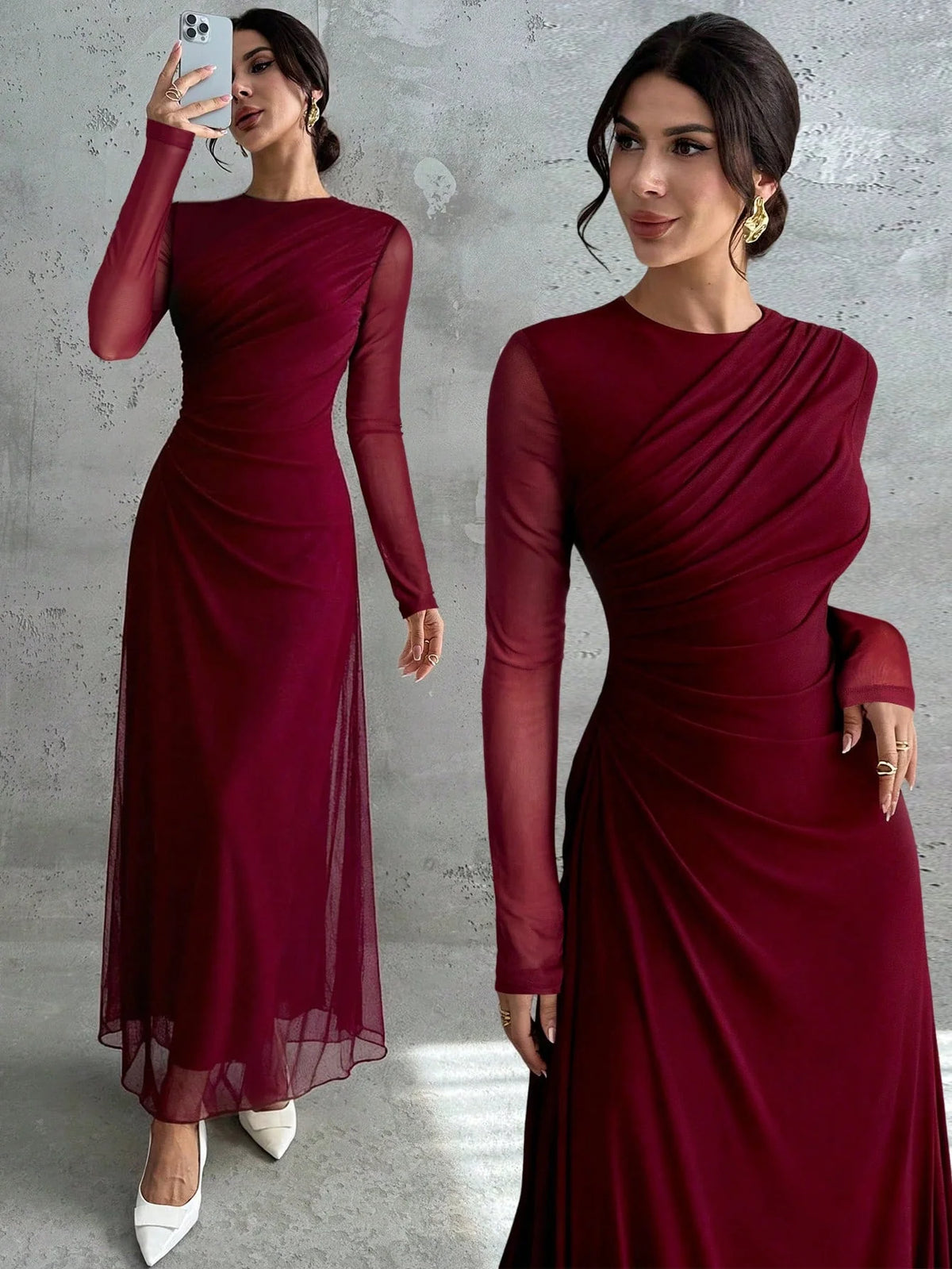 Vestido Longo Manga Comprida com Tule Cintura Plissada