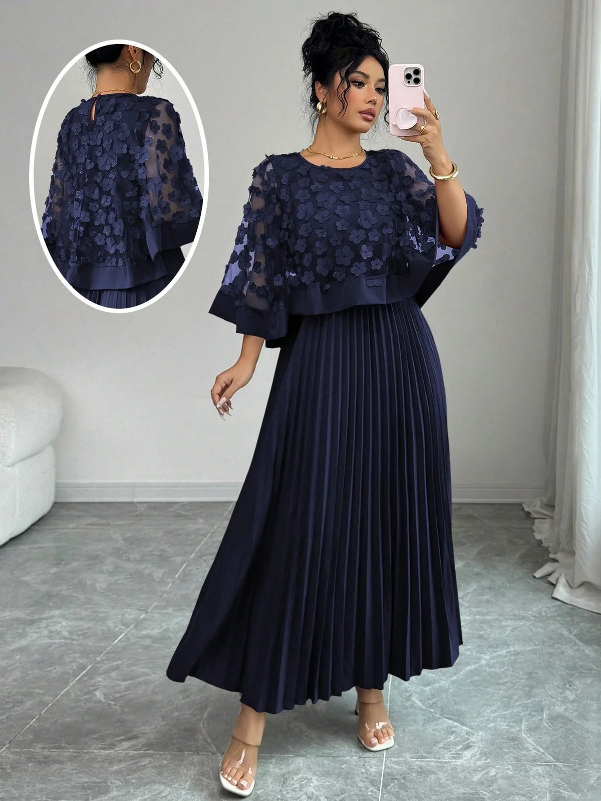 Vestido Midi para Festa com Renda Floral e Saia Plissada