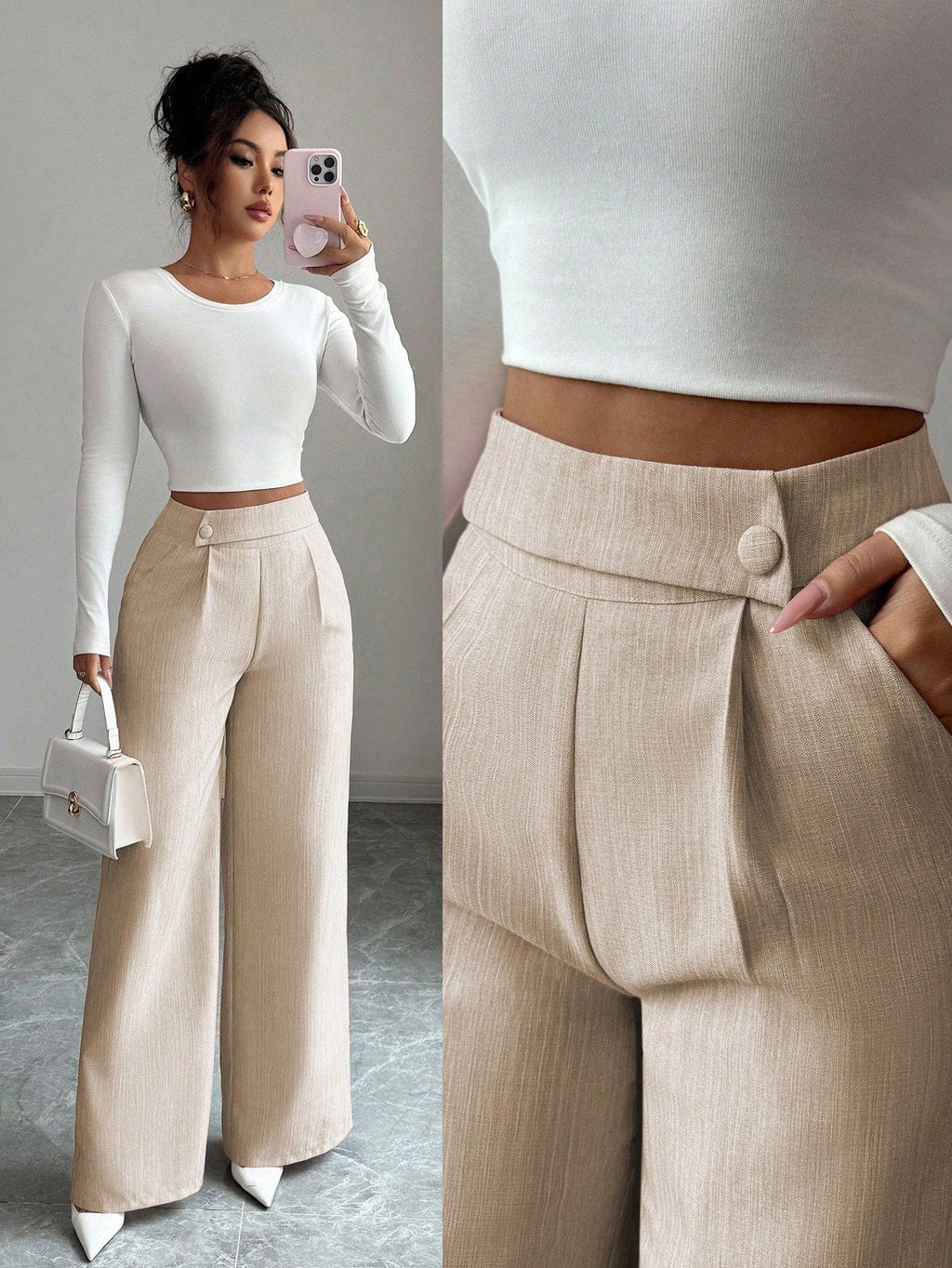 Calça Feminina Elegante Alfaiataria Wide Leg com Botão Lateral