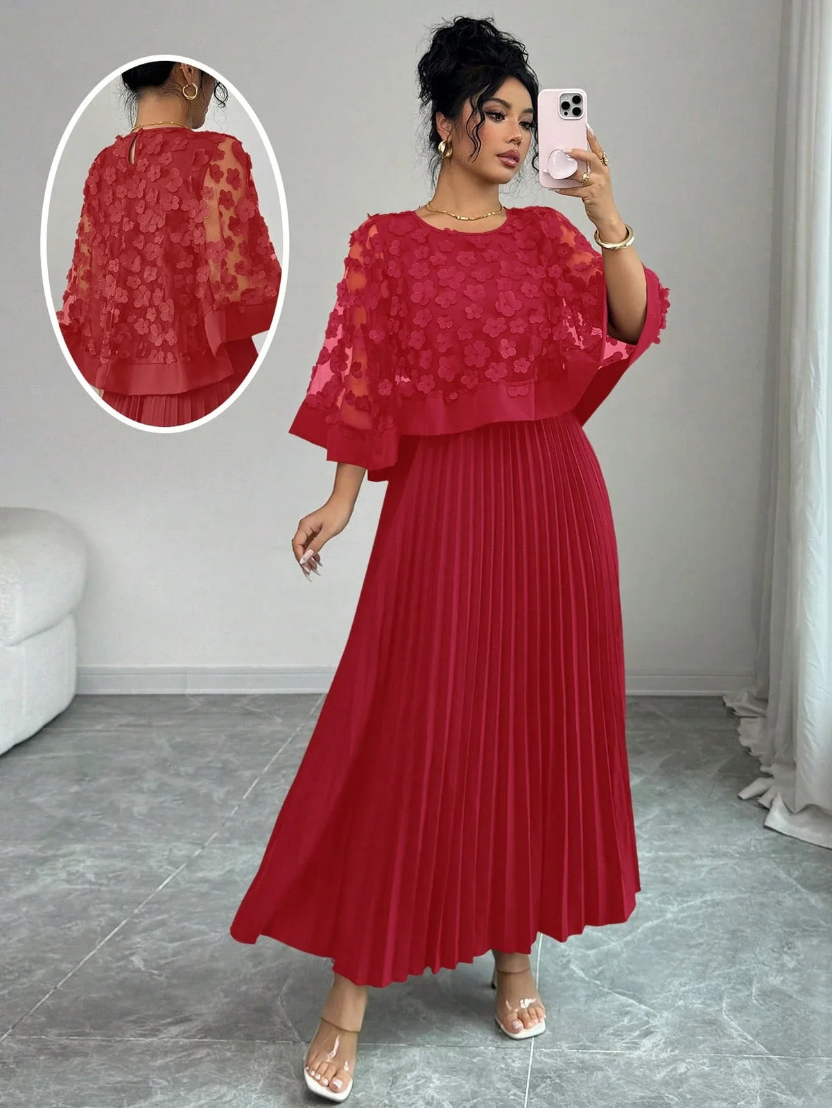 Vestido Midi para Festa com Renda Floral e Saia Plissada