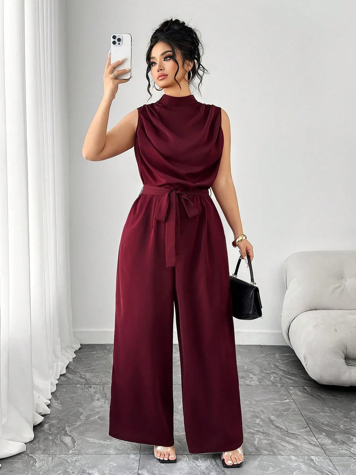 Macacão Plus Size Feminino Elegante Regata Gola Alta Pantalona