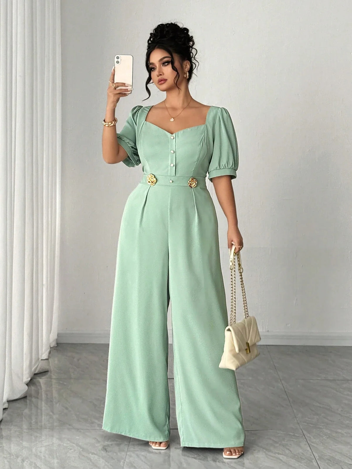 Macacão Elegante Plus Size Pantalona Manga Curta Bufante
