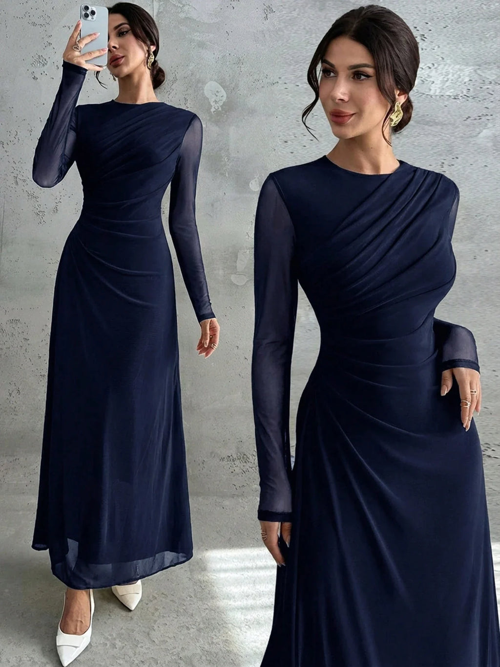Vestido Longo Manga Comprida com Tule Cintura Plissada