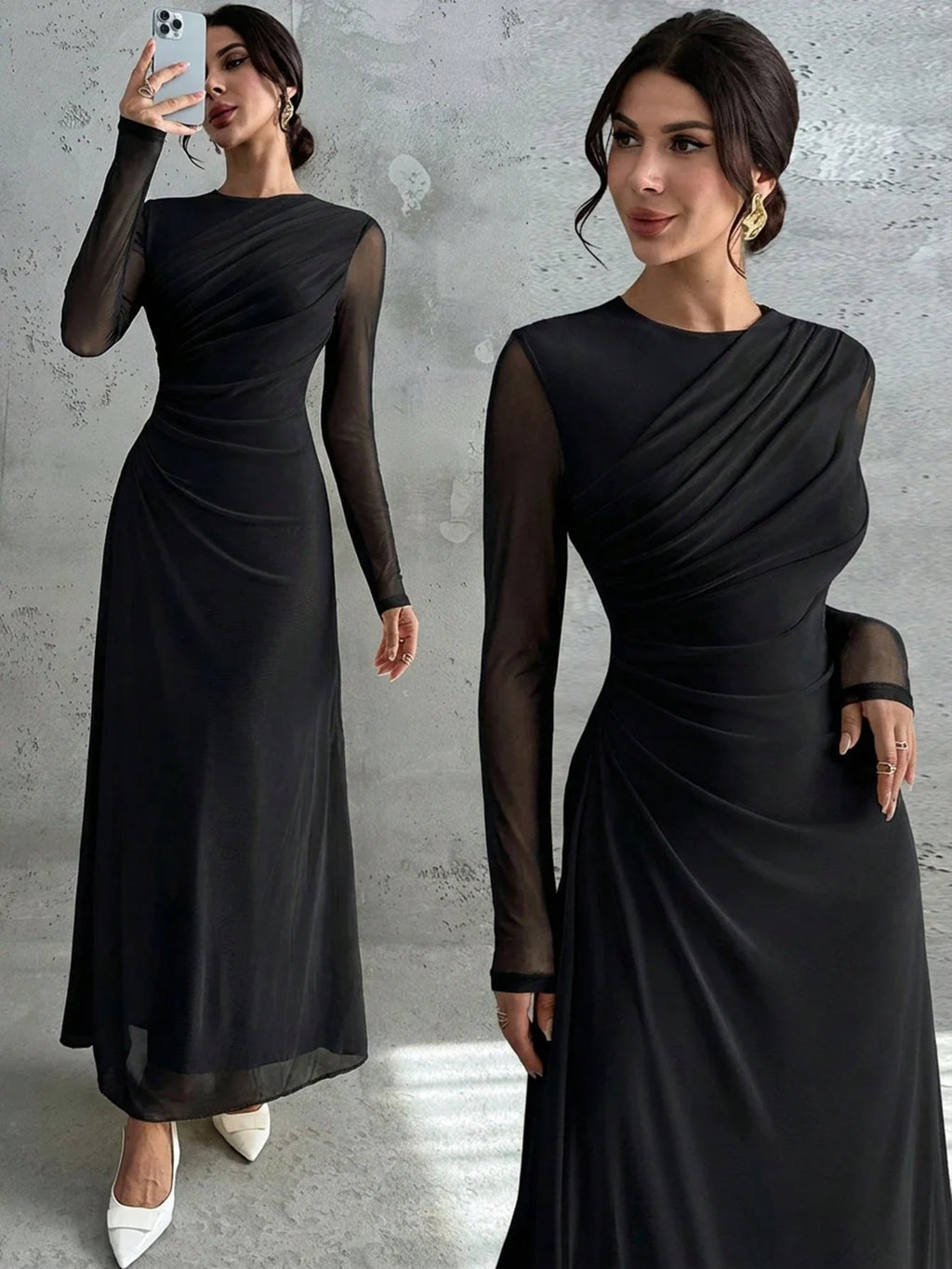 Vestido Longo Manga Comprida com Tule Cintura Plissada