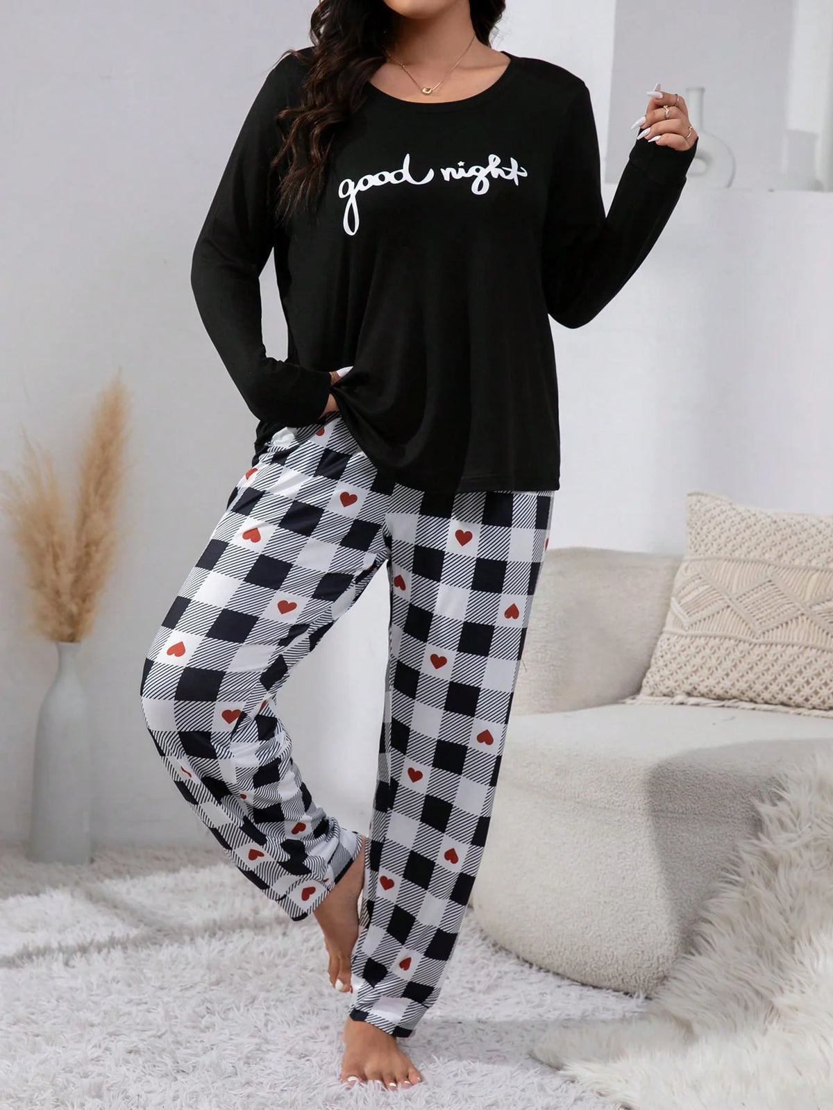 Pijama Plus Size Feminino Xadrez Manga Comprida