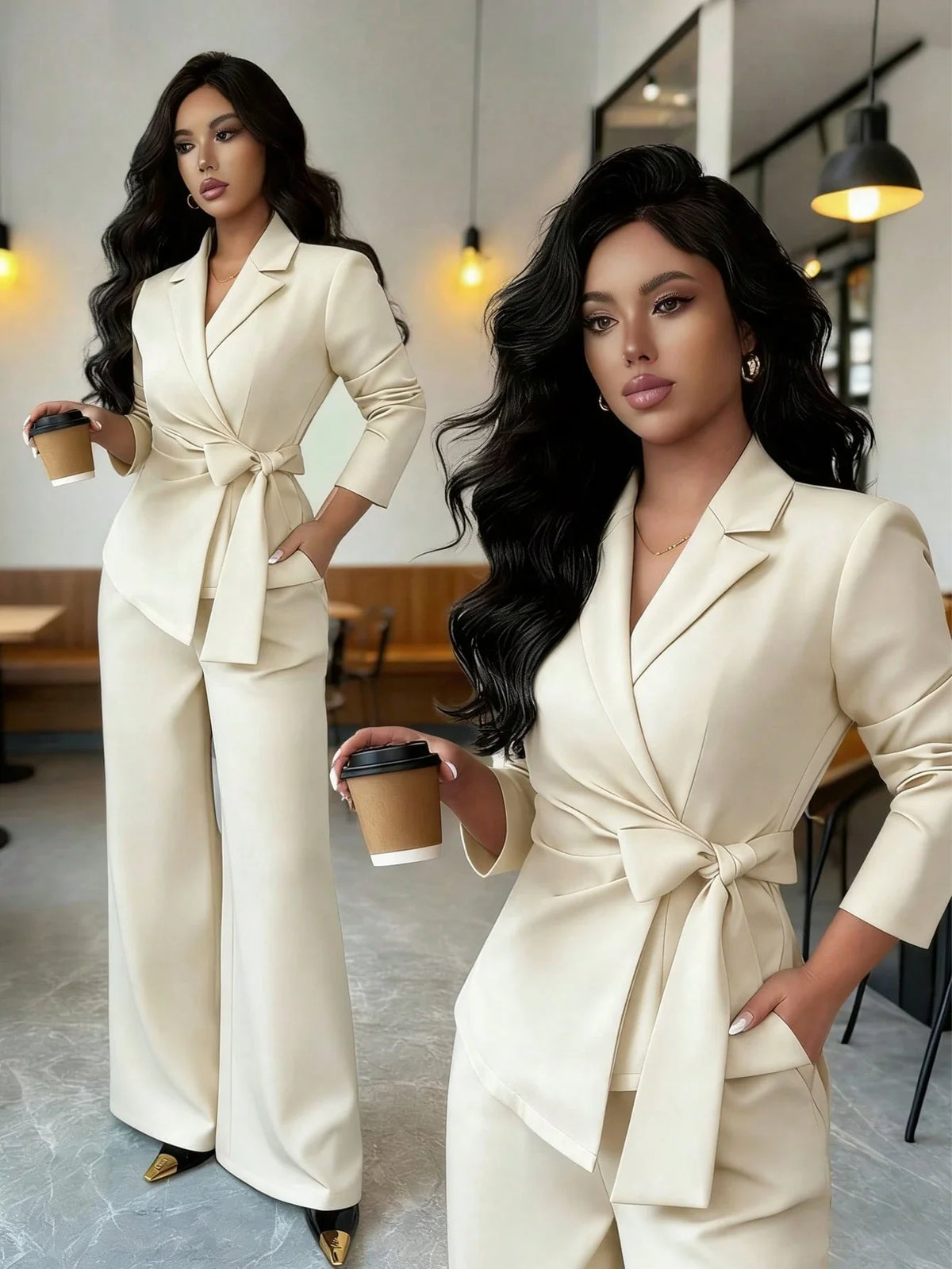 Conjunto Feminino Alfaiataria com Blazer Acinturado e Calça Pantalona