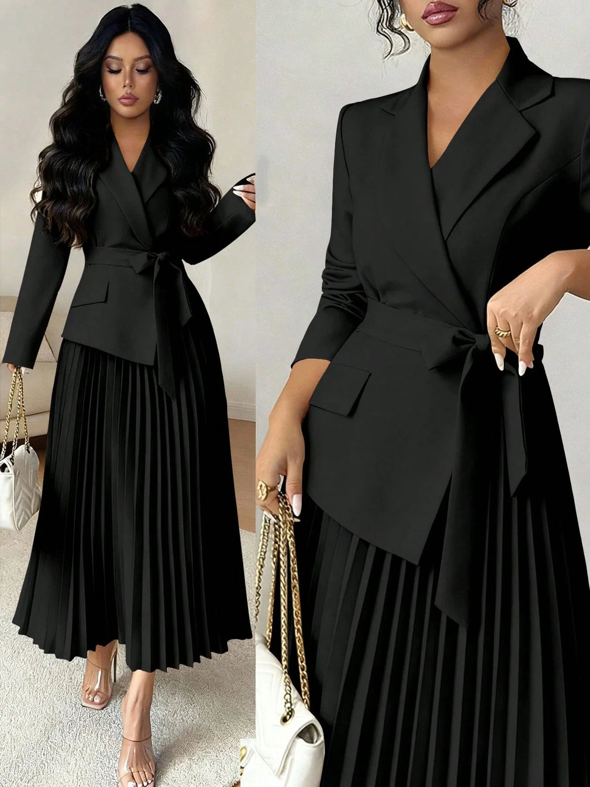 Vestido Midi Alfaiataria com Manga Longa e Saia Plissada