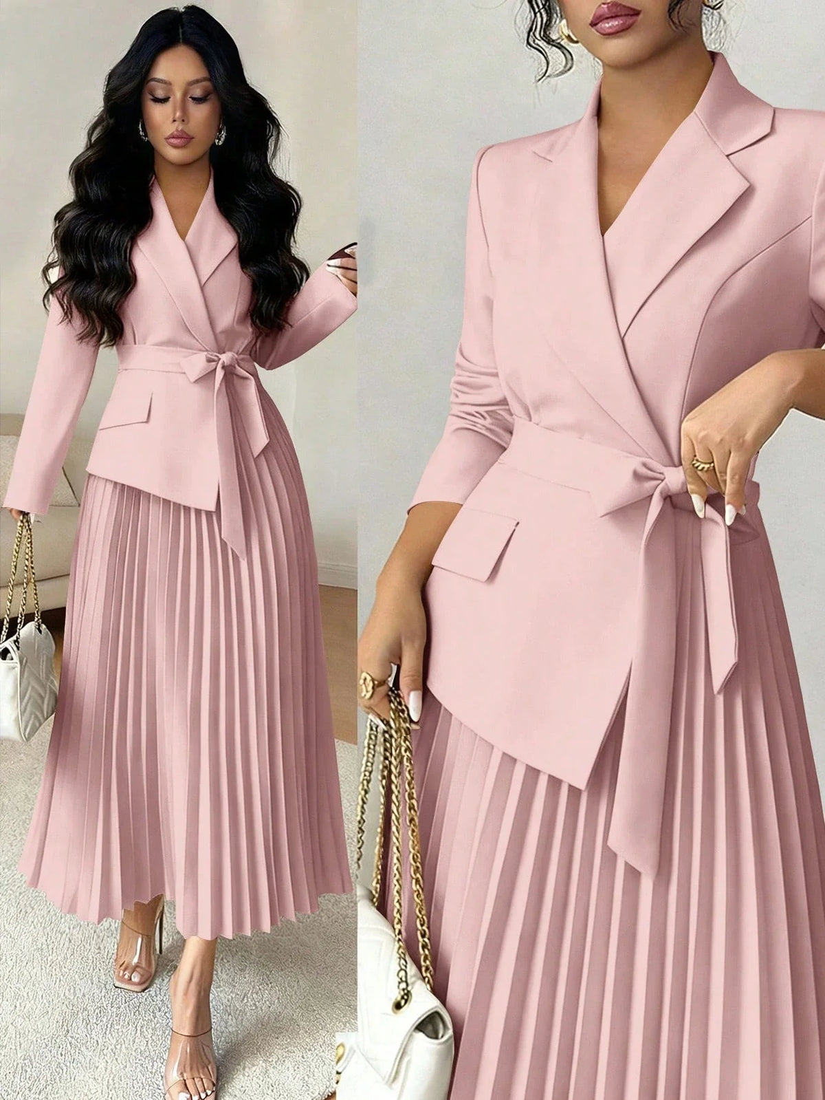 Vestido Midi Alfaiataria com Manga Longa e Saia Plissada