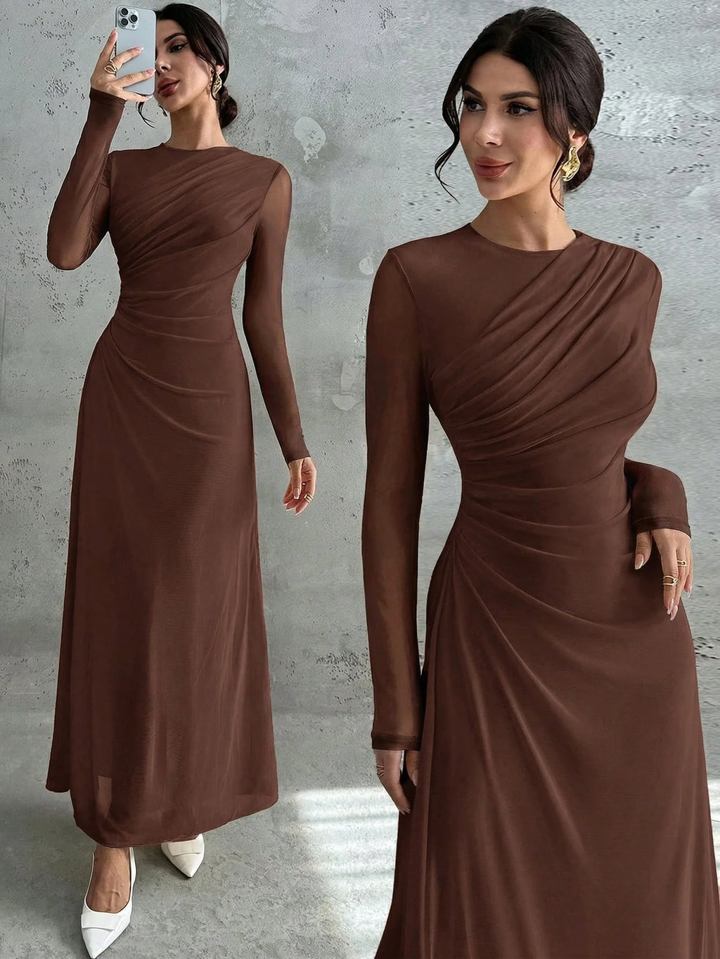 Vestido Longo Manga Comprida com Tule Cintura Plissada