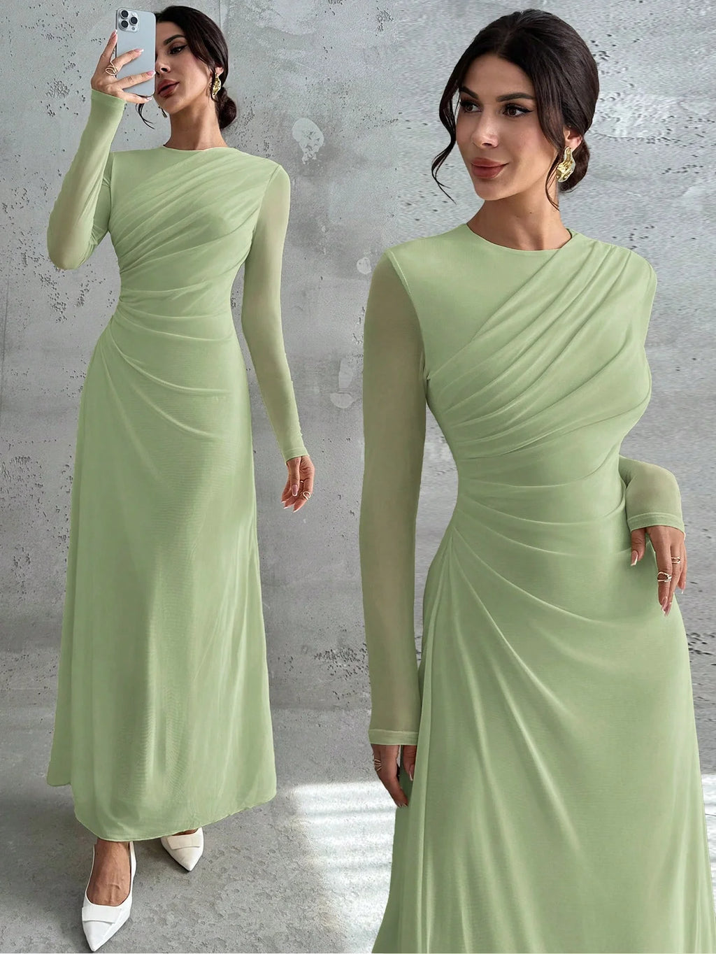 Vestido Longo Manga Comprida com Tule Cintura Plissada