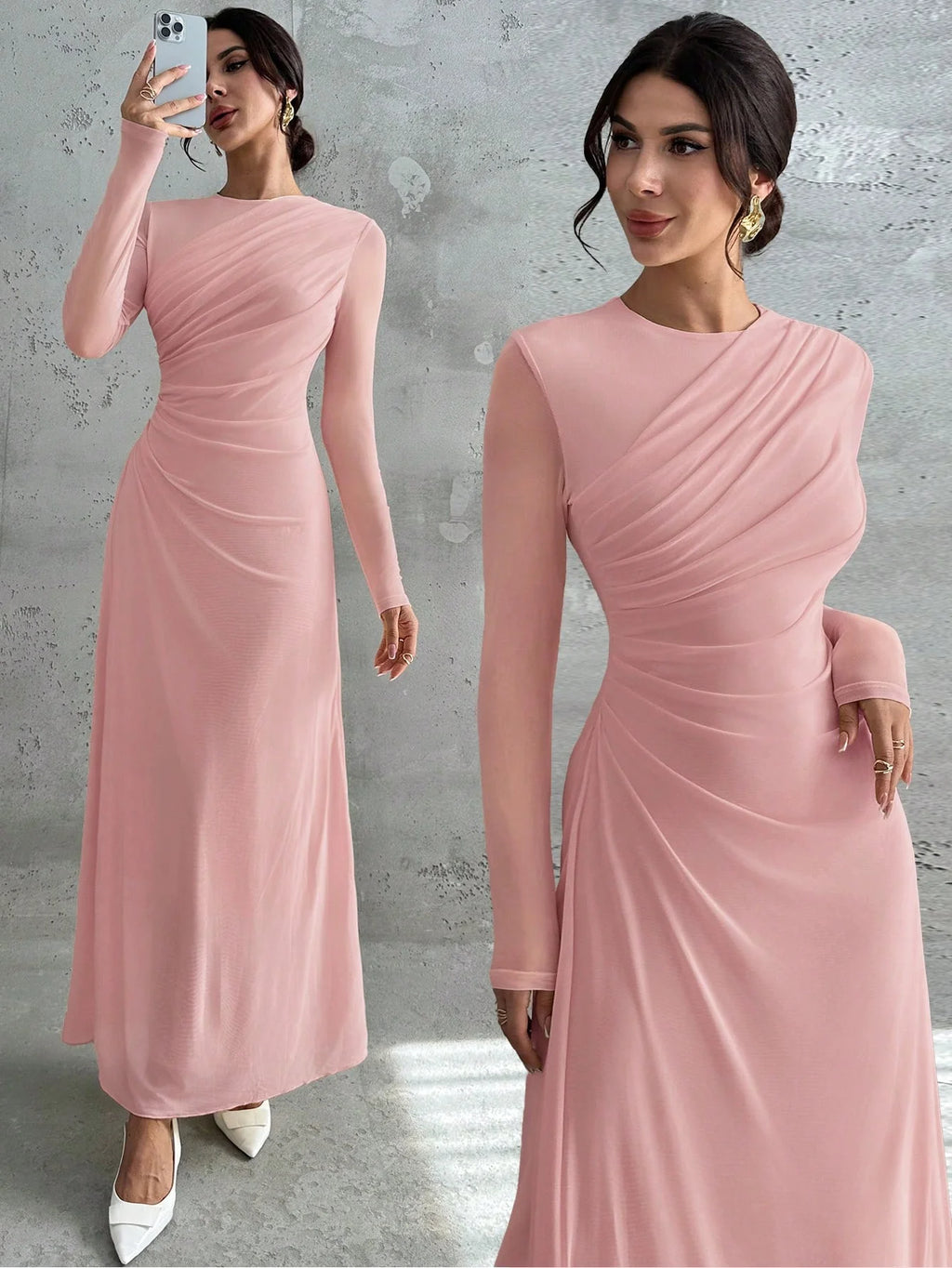 Vestido Longo Manga Comprida com Tule Cintura Plissada