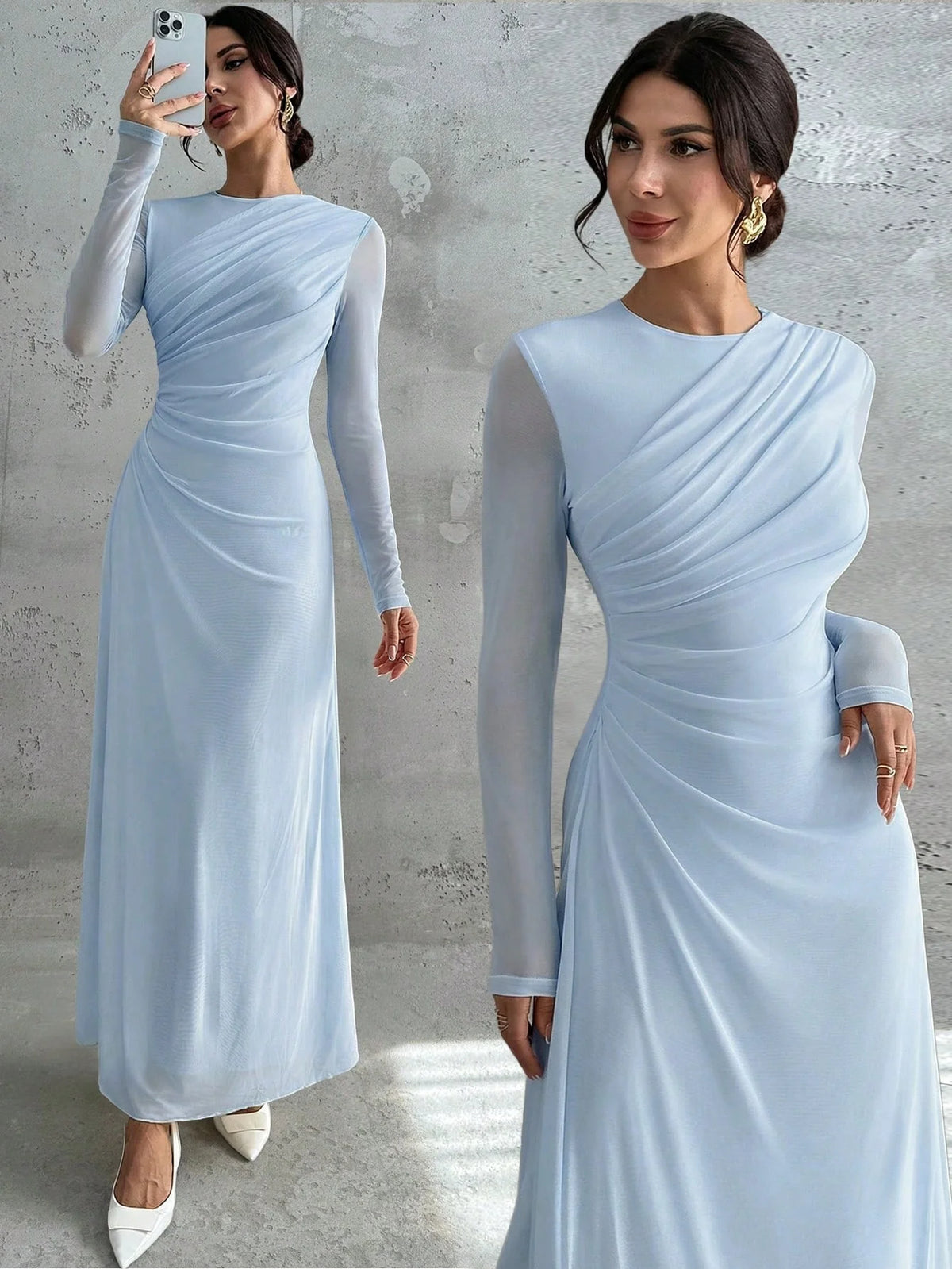 Vestido Longo Manga Comprida com Tule Cintura Plissada