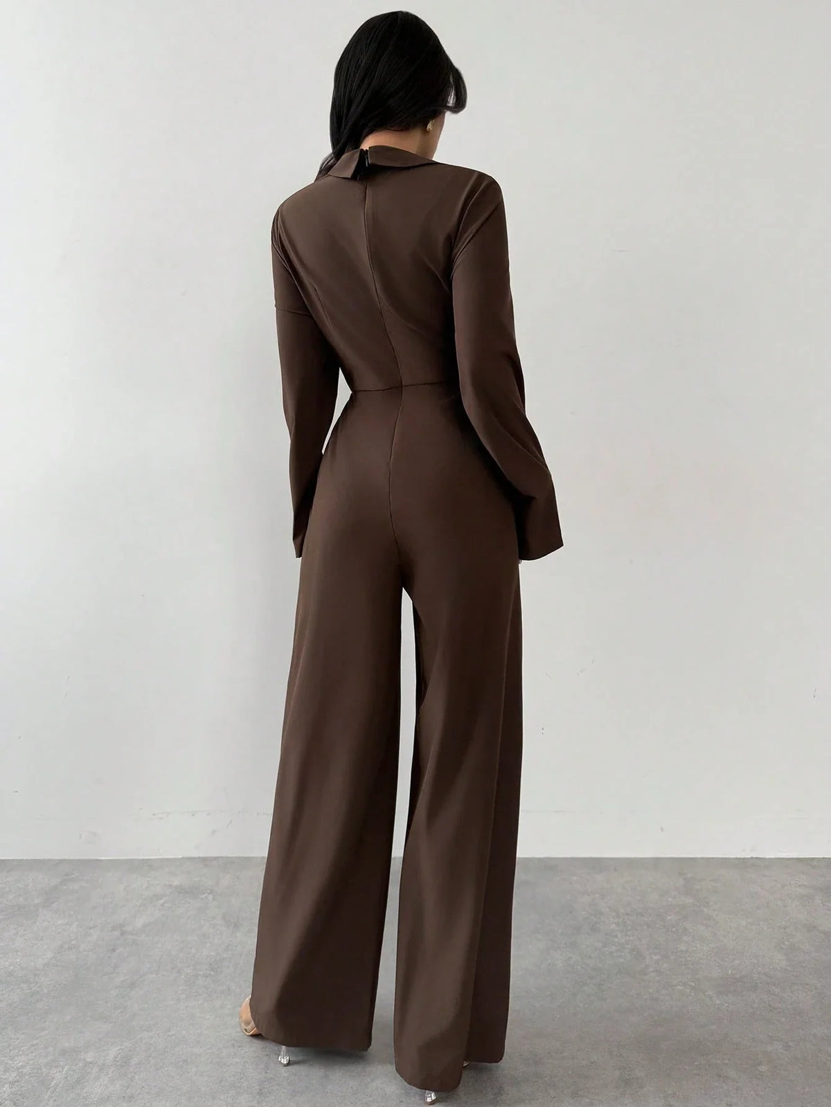 Macacão Elegante Feminino Manga Longa Decote Drapeado
