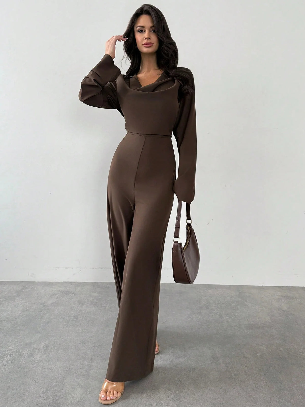 Macacão Elegante Feminino Manga Longa Decote Drapeado