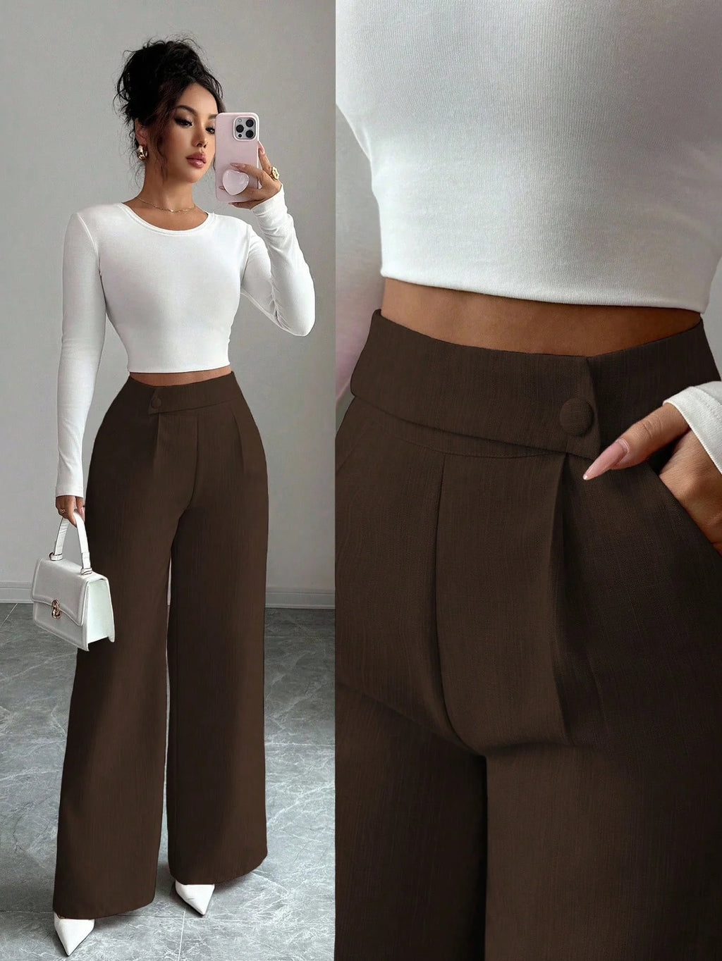 Calça Feminina Elegante Alfaiataria Wide Leg com Botão Lateral