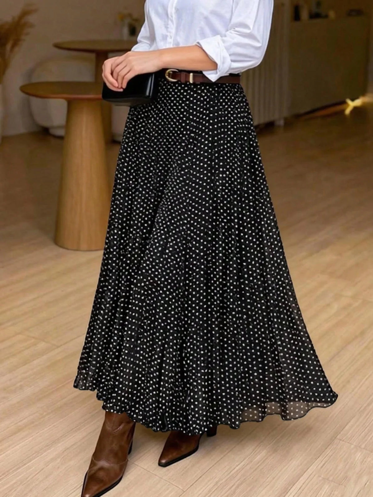 Saia Plissada Longa Feminina Elegante de Cintura Elástica com Bolinhas Poá
